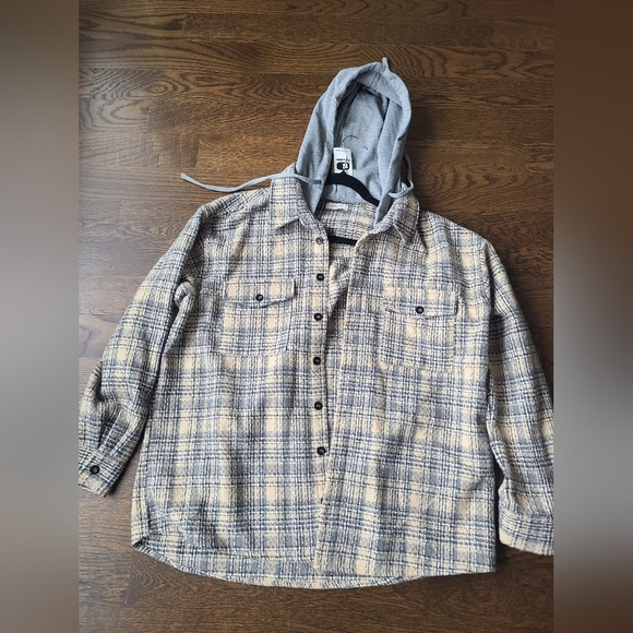 NWT Buckle  A.PEACH Plaid Button-Up Shirt with Hood Sz.L Women's - Picture 4 of 11